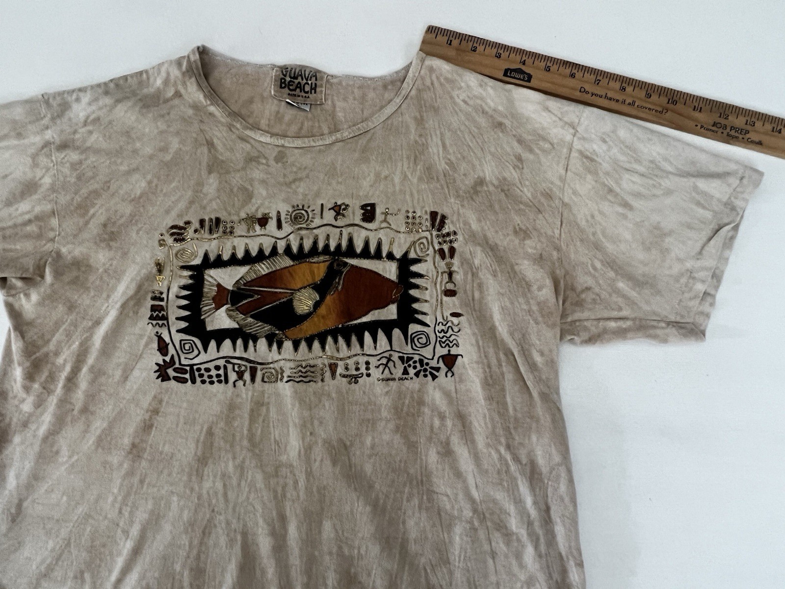 Vintage Guava Beach XL Brown Marbled Fish Graphic Beige Tee Single Stitch USA