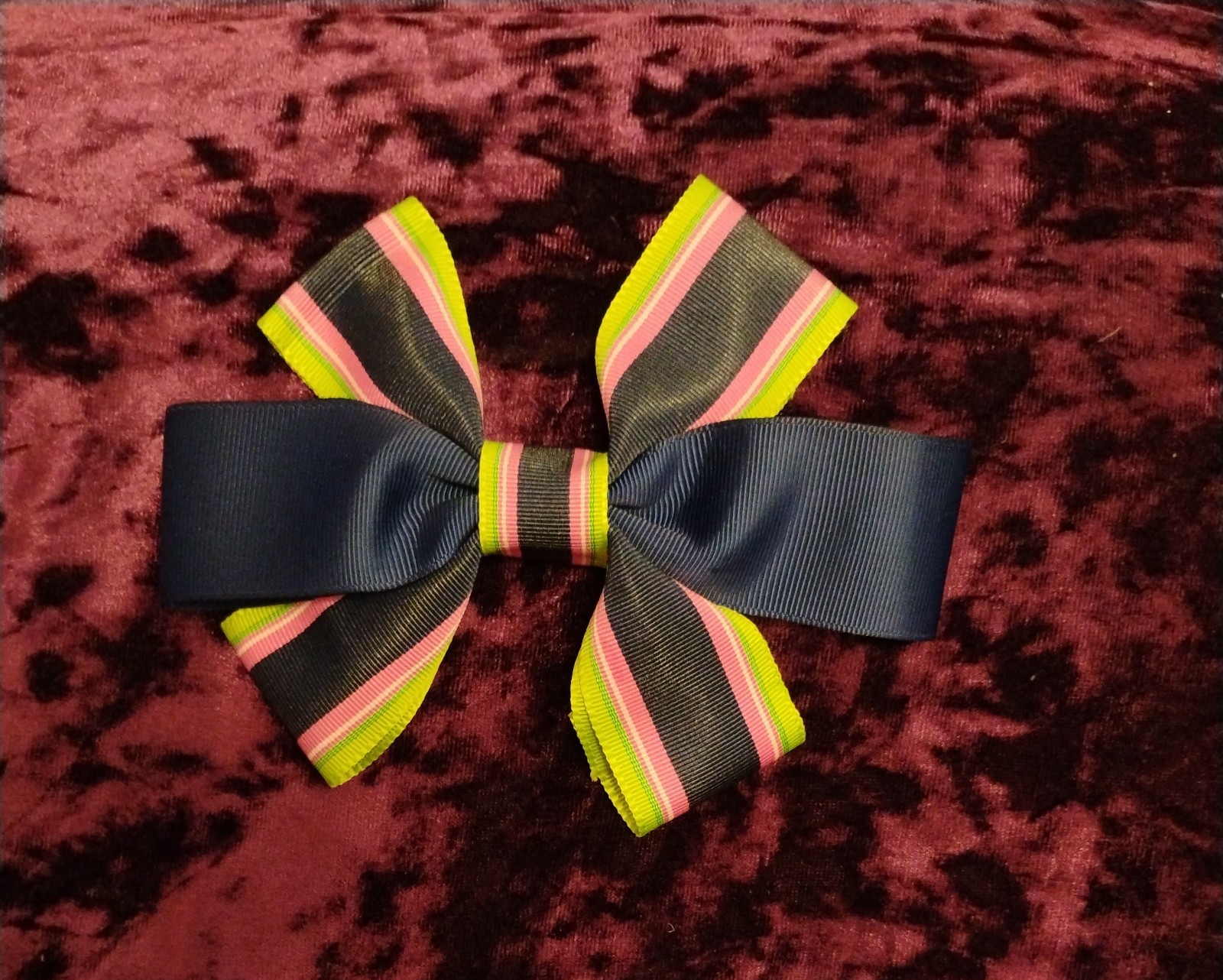 Navy Grosgrain Ribbon Hair Bow Pink Green Striped Women Teens All Hair Types