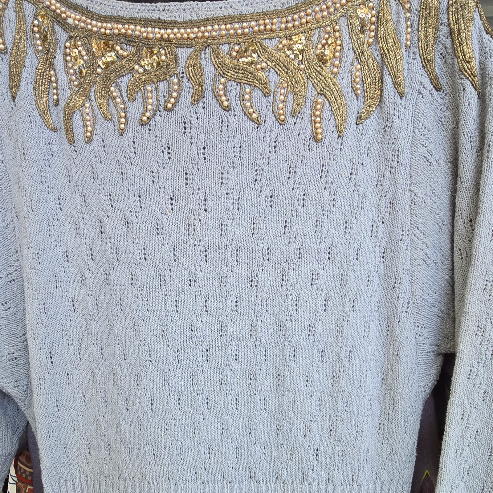 Antique 50s Glengyle Hand Loomed Knit Sweater Dress Light Blue Gold Sequins