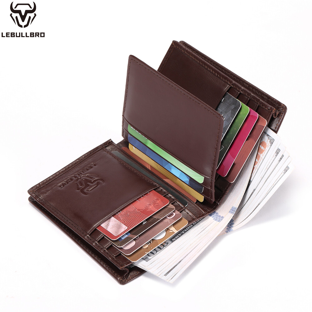 Mens Genuine Leather Zipper Wallet RFID Blocking Bifold Zip Around Card Holder