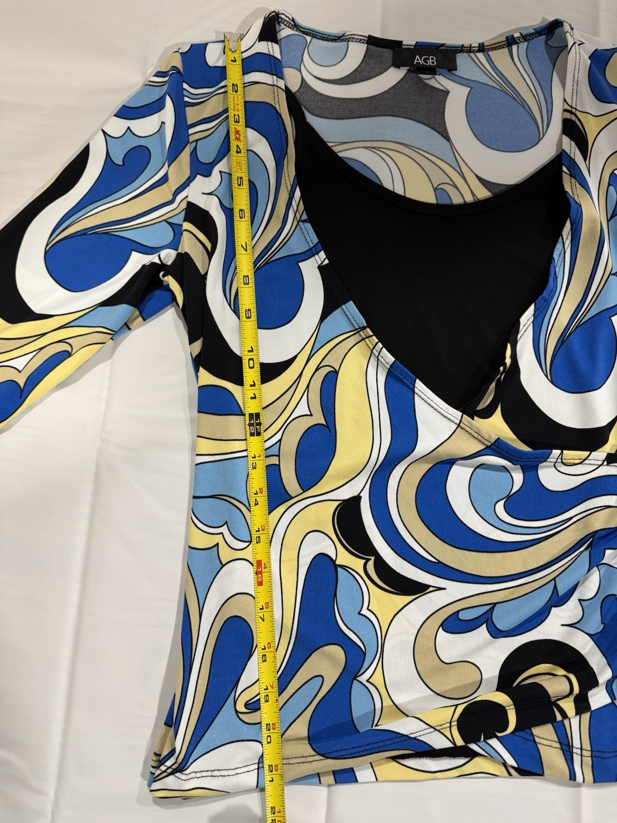Women’s Abstract Swirl Print Stretch Top Blue Yellow Black 3/4 Sleeve Small
