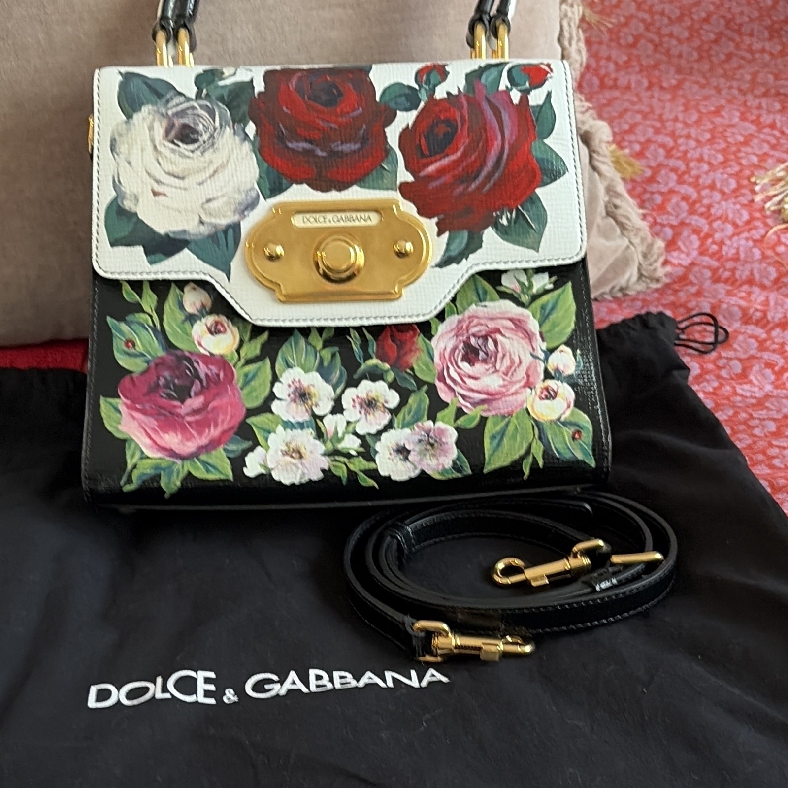 Dolce & Gabbana Floral Top Handle Satchel Turn Lock Gold Hardware Strap/Dust