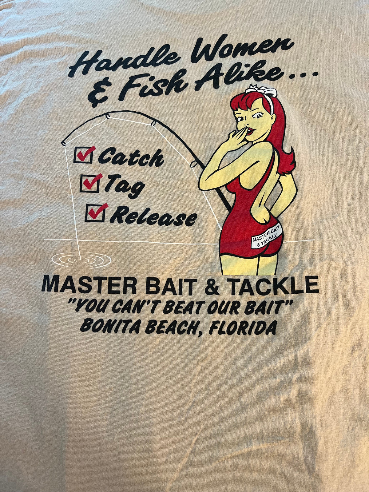 Master Bait tackle Bonita Beach FL t shirt XL treat women fish alike art humor