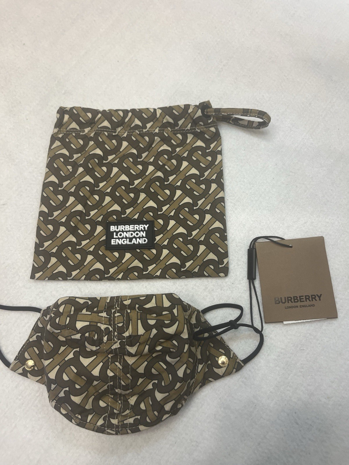 Burberry Monogram Cotton Adjustable Face Mask w/ Drawstring Pouch One Size