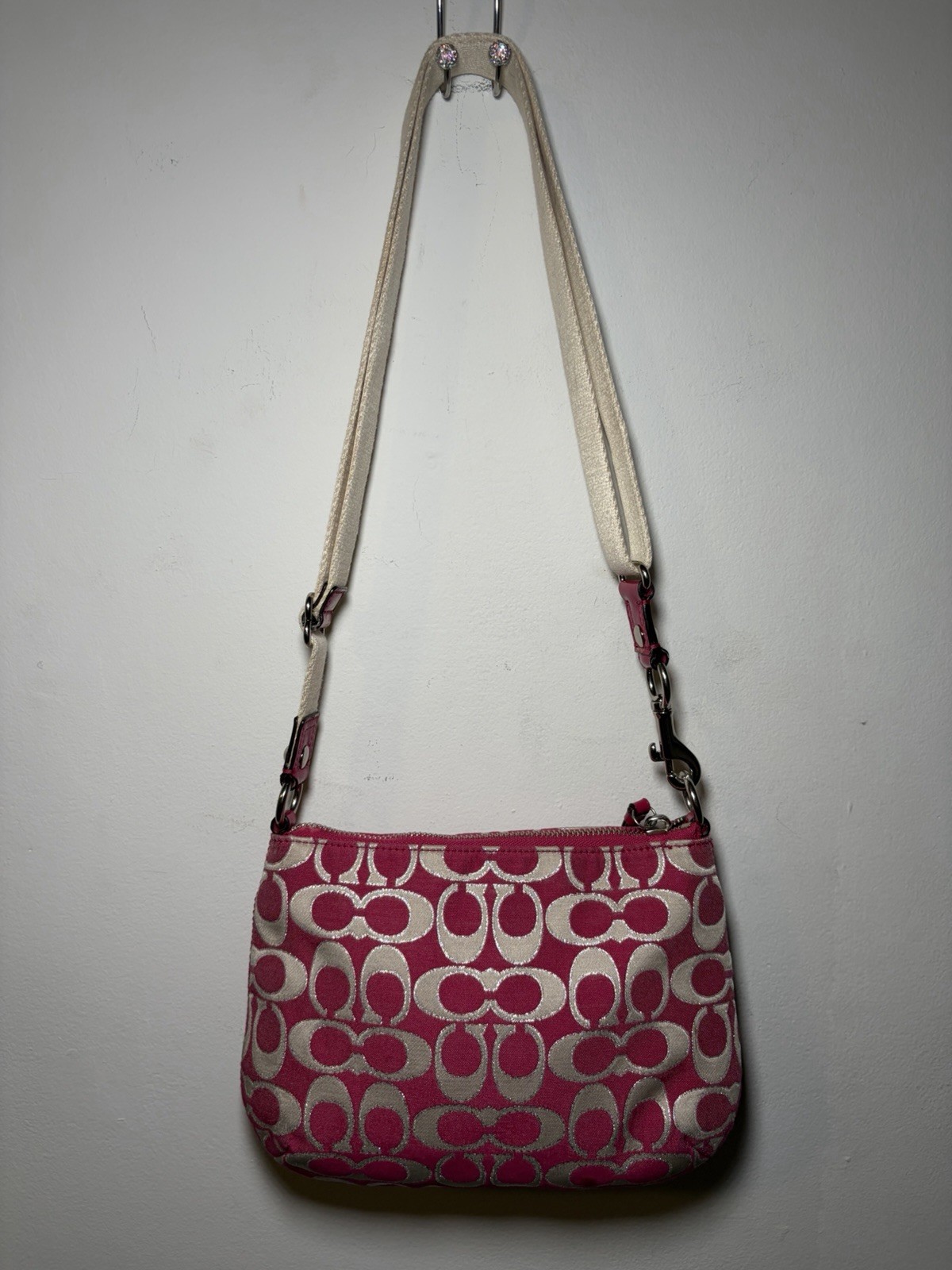 Coach Poppy Signature Double Pocket Crossbody Pink And White Strap