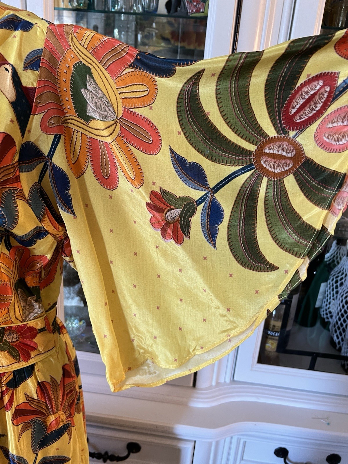 FARM Rio For Anthropologie Yellow Tropical Print Satin Like Fabric Maxi Dress M