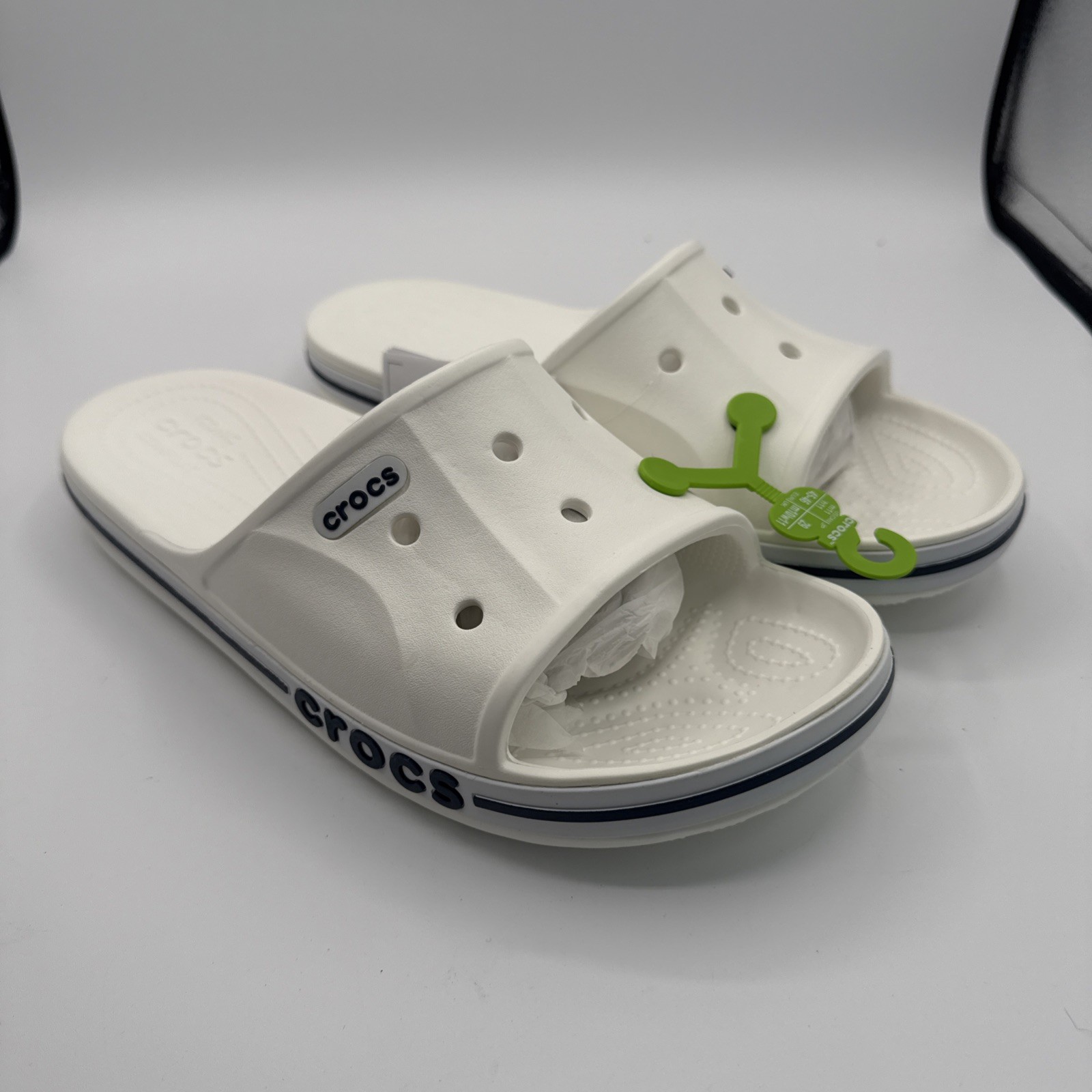 CROCS 205392-126 Unisex-Adults Bayaband Slides in White/Navy – M 8 / W 10