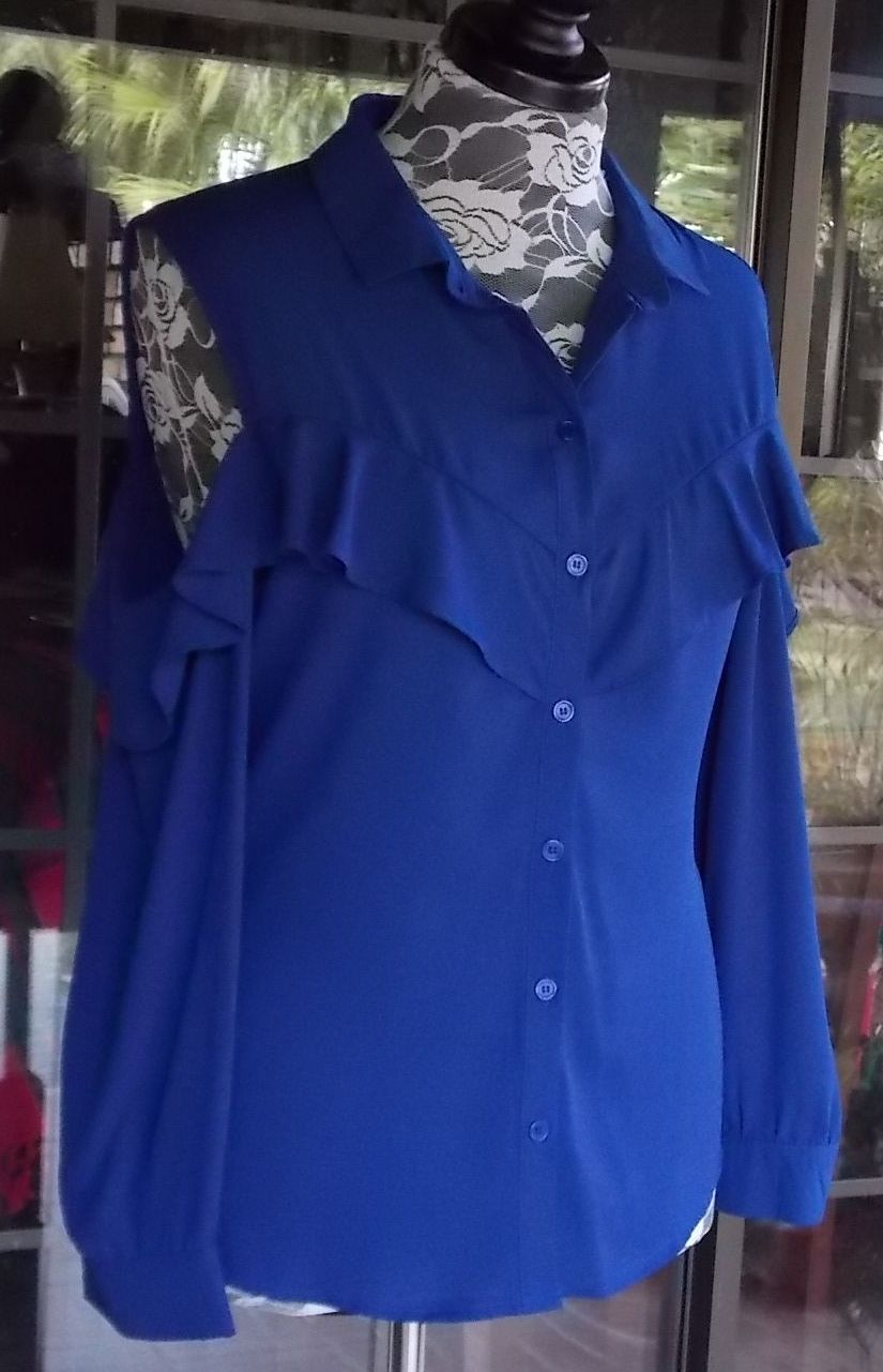 Navy Blue Cold Shoulder Long Sleeve Button Front Blouse Sz. 16 50″ Bust