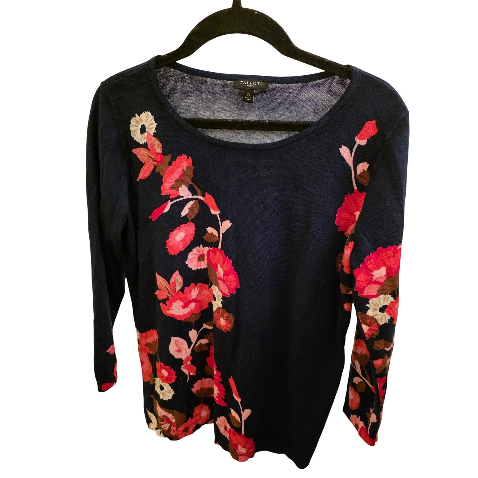 Talbots Petite Floral Navy Blue Long Sleeve Sweater Top