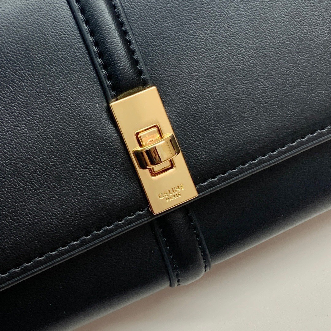 CELINE Black Solid Wallet Gold Logo Clasp Zipper Poker Credit Card Holder