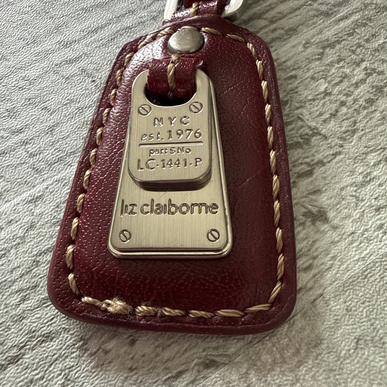 LIZ CLAIBORNE Vintage Red Leather Strap Buckle Fob Bag Charm Keychain Hang Tag