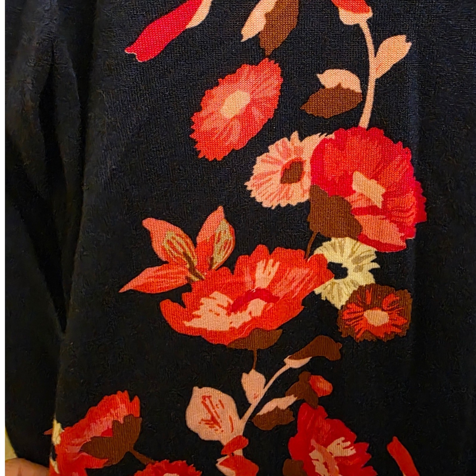 Talbots Petite Floral Navy Blue Long Sleeve Sweater Top