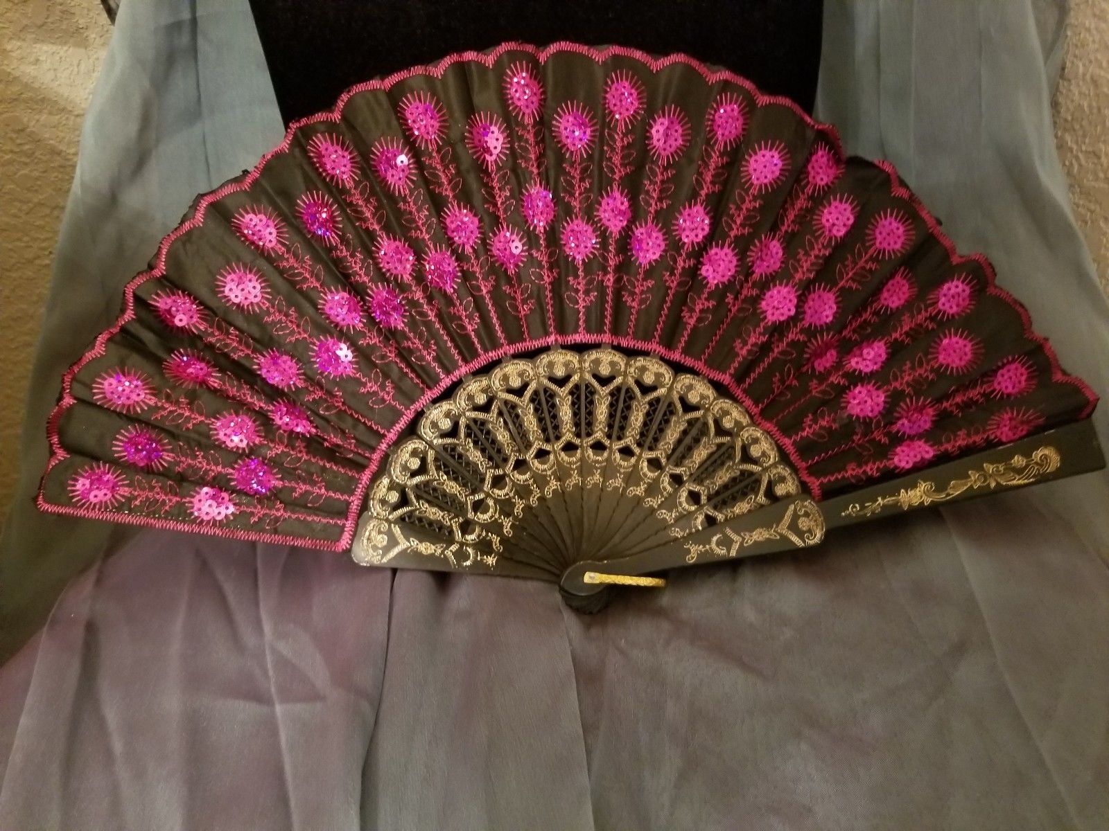 Fabric Embroidered Folding Handheld Fan Sequins Party Bridals Wedding USA Seller