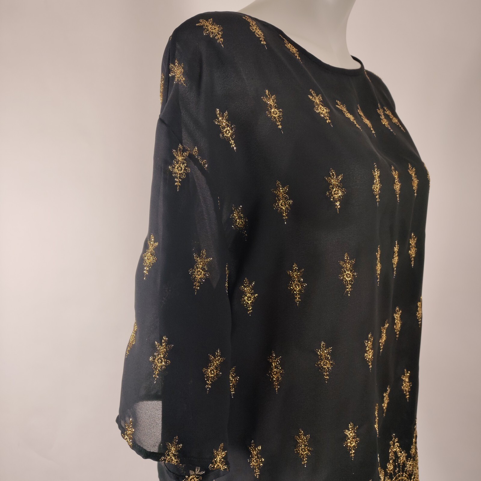 ABS Allen Schwartz Collection Black Blouse Top Gold Embellishments Sz M – Stains