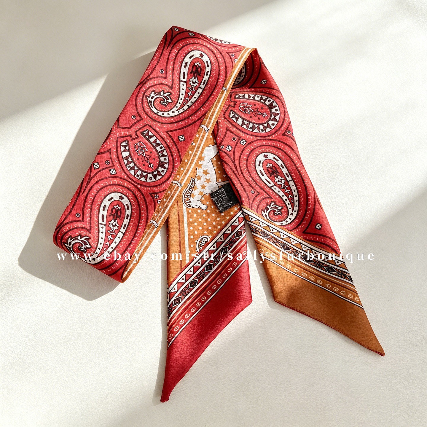 Sallys 100% Twill Silk Scarf Ribbon Paisley Print Bag Head Band Neck Tie 85x5cm
