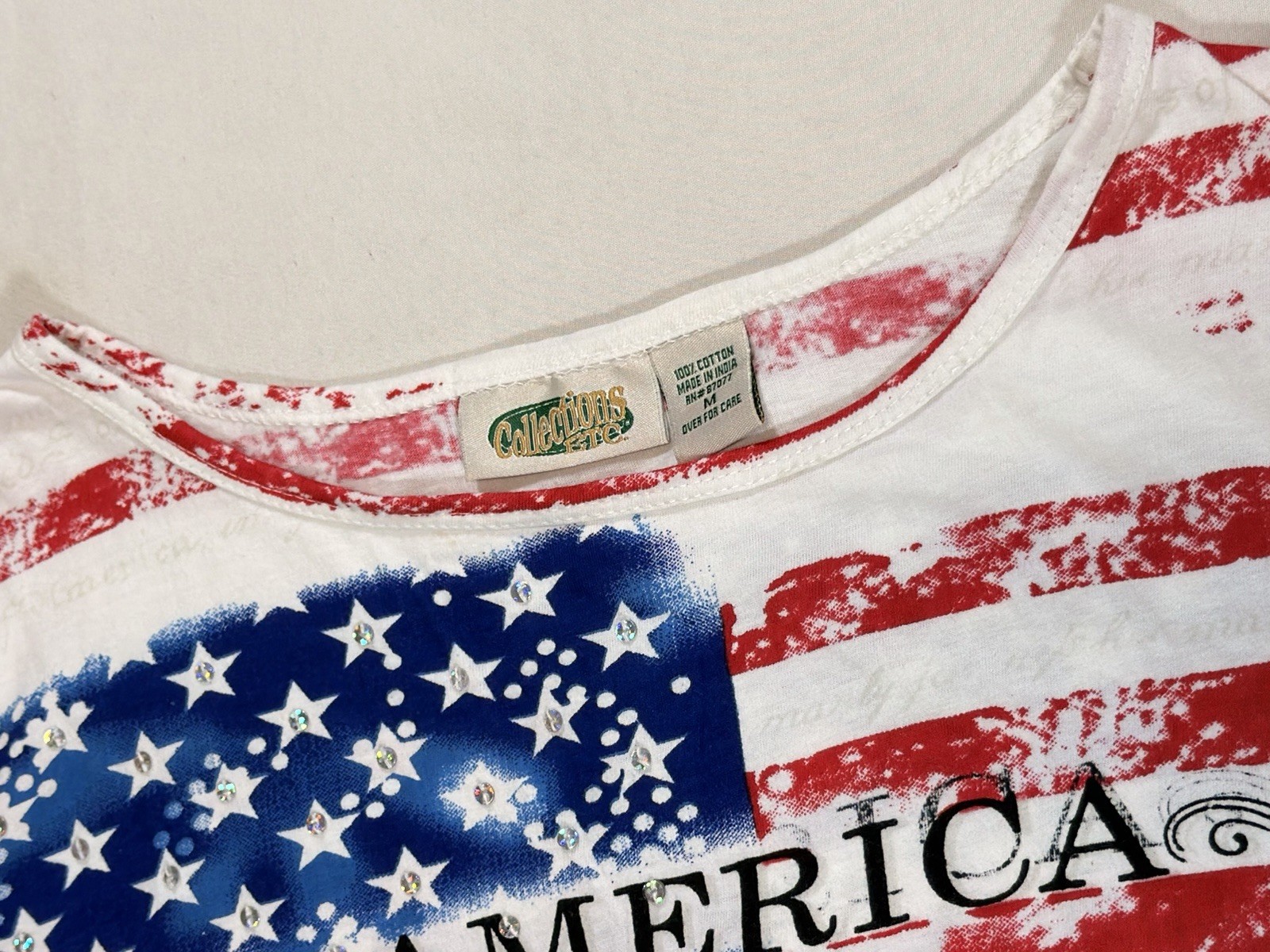 Collections Etc American Flag Knit T-Shirt White Red Blue Rhinestone Raglan – M