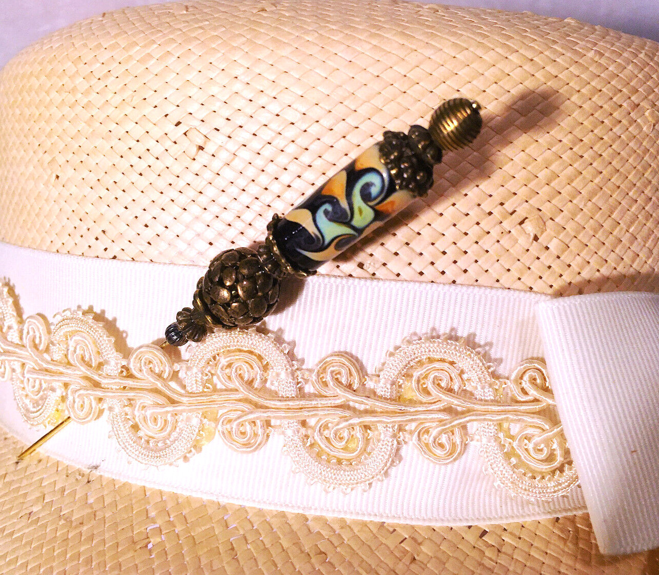 Hatpin with Vintage Tibetan Design & antique Bronze & Hand Made Artisan Ceramic
