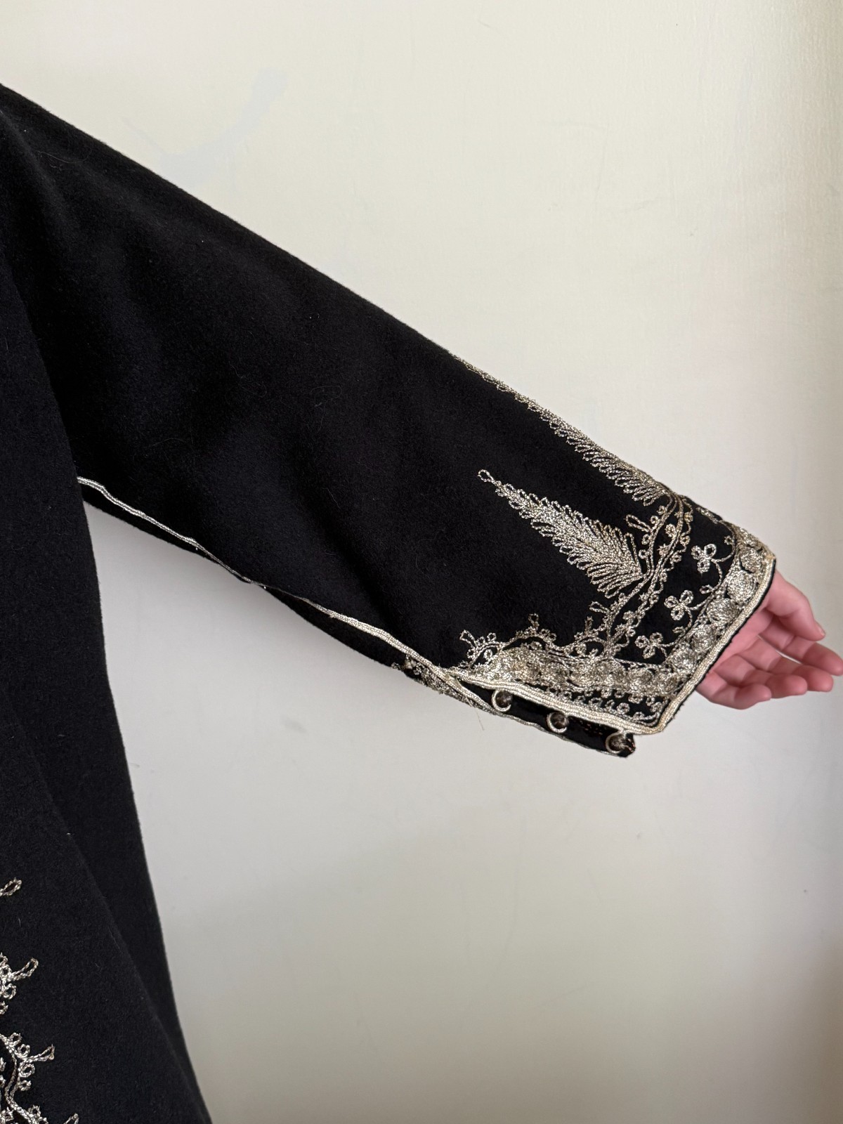 Vintage Handmade Black Wool Caftan Hand Embroidered Artisan Ceremonial Robe Maxi