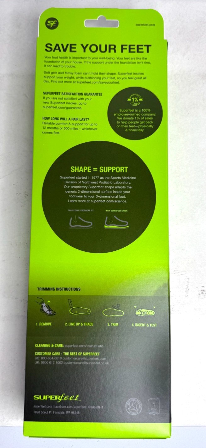 Superfeet Green Insoles, Professional-Grade High Arch Orthotic Insert Size E