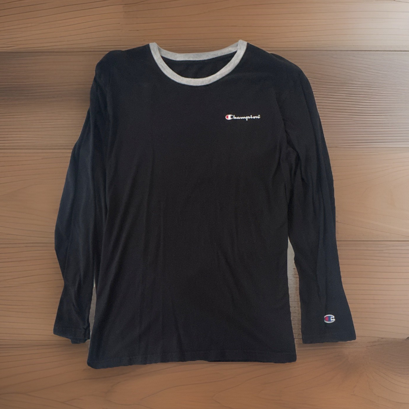 Champion Men’s Black Crew Neck Long Sleeve Solid Logo T-Shirt Size L