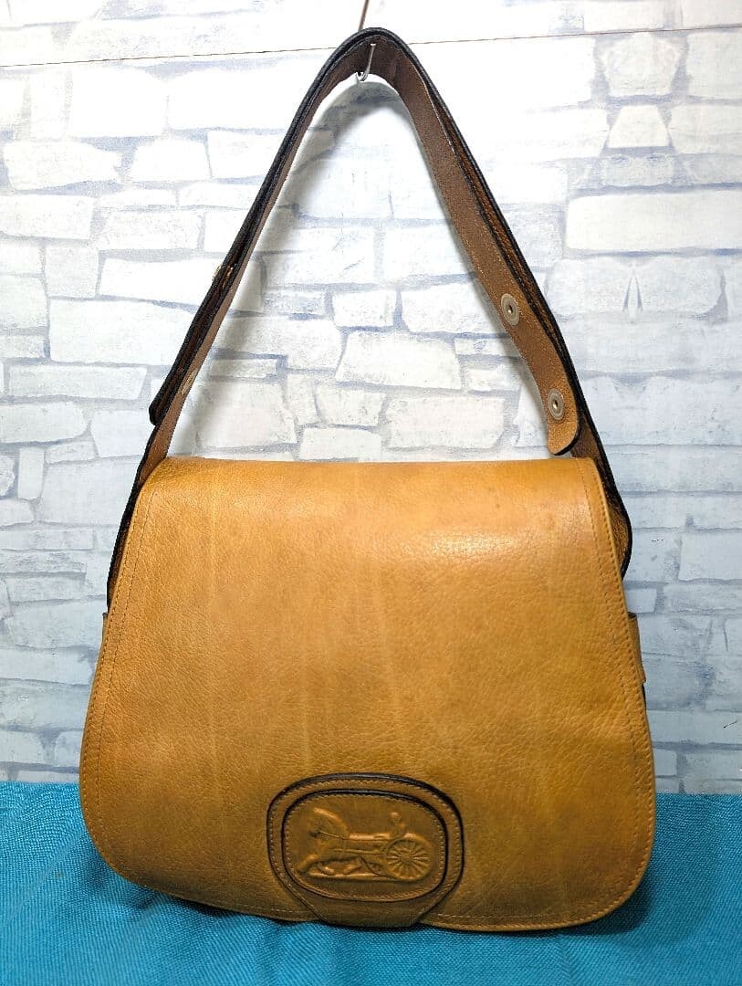 CELINE Shoulder Bag Embossed Leather Horse carriage logo Vintage Auth From Japan