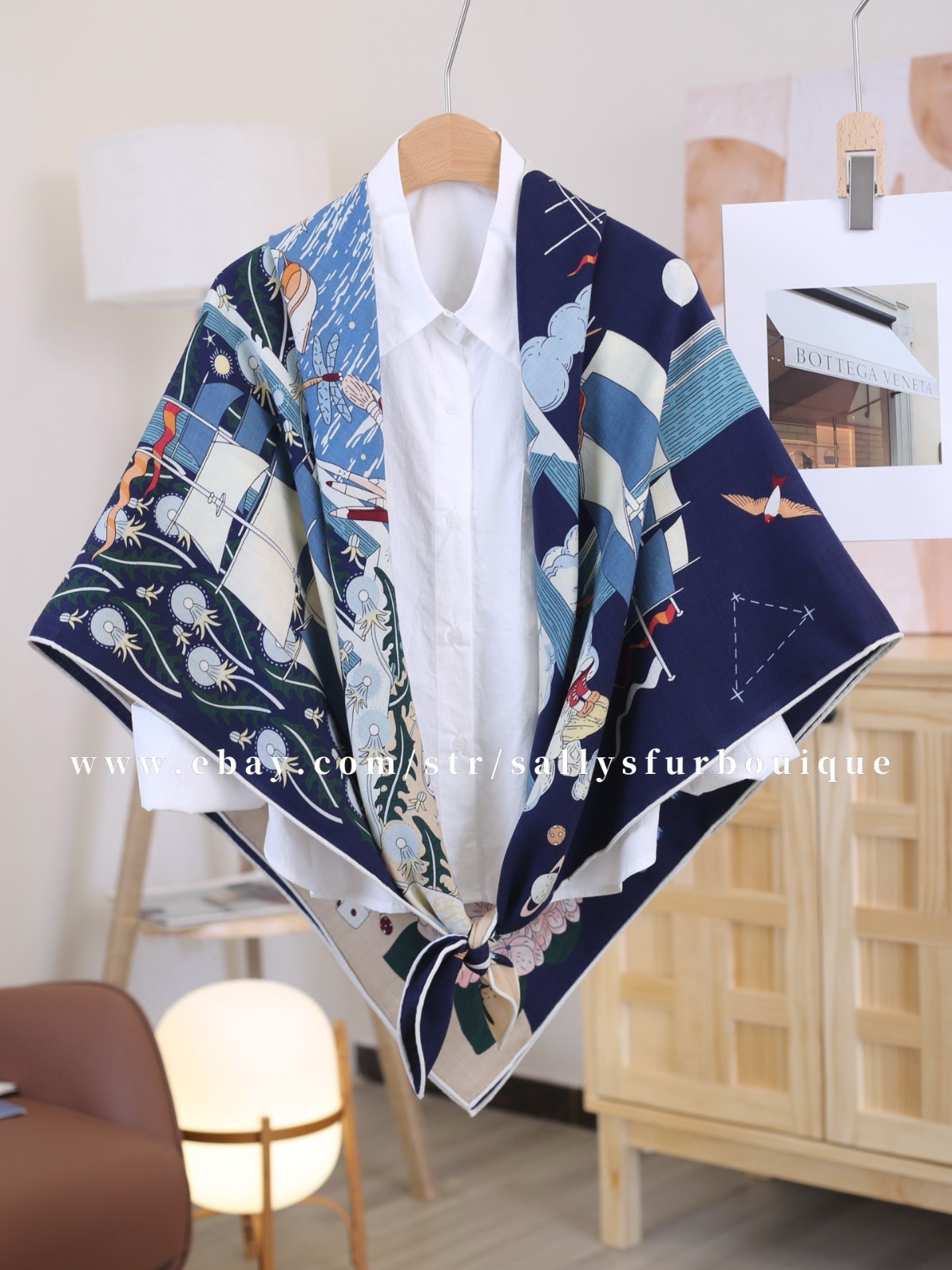 Sallys 70% Cashmere & 30% Silk Wrap Scarf Boat Print Double Face Shawl 53″ Navy