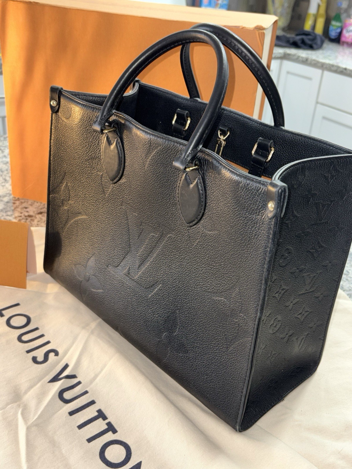 Louis Vuitton OnTheGo MM Black Monogram Embossed Large Tote w/ Dust Bag Box Card