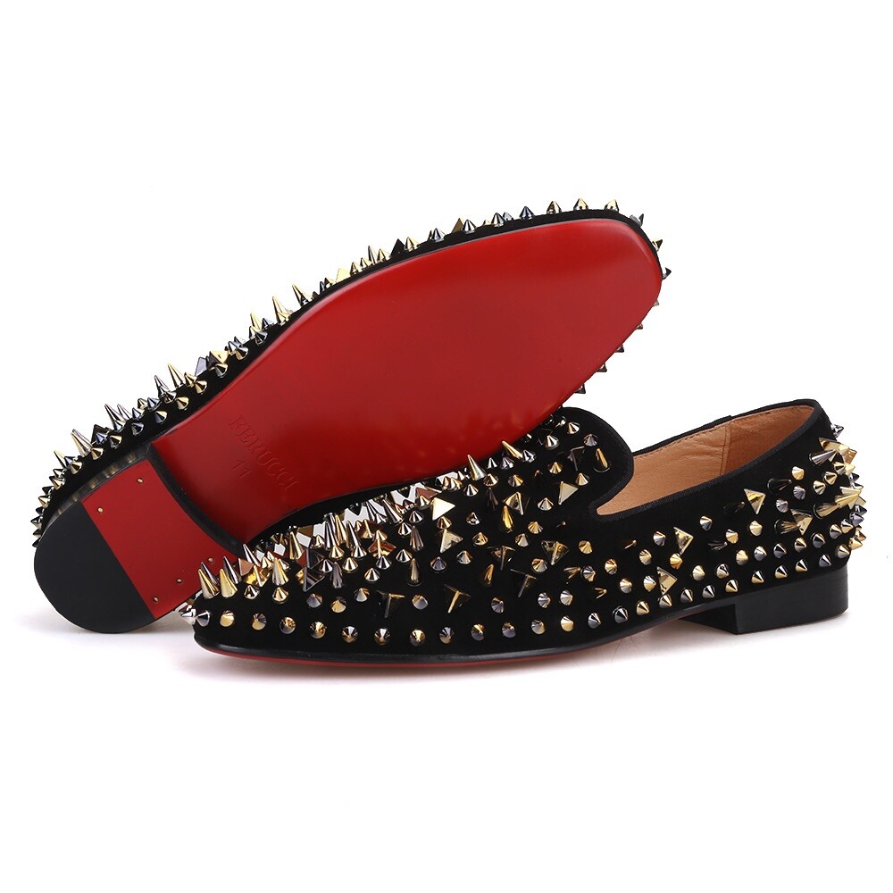 Men FERUCCI Black Velvet Slippers Loafers Flat Gold Spikes Rivet Wedding Prom