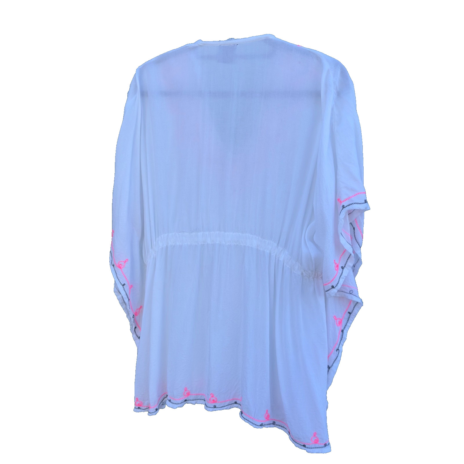 Omja World White Kaftan Top – Neon Pink Treble Clef & Black Swirl Embroidery OS