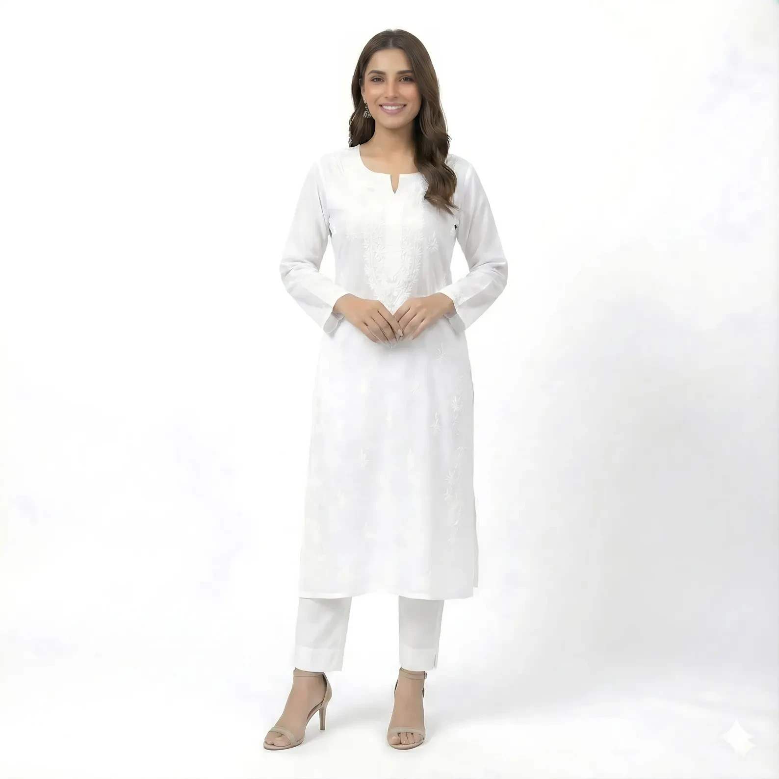 White Hand Embroidered Cotton Kurti: White Straight Cotton Salwaar Kameez Women