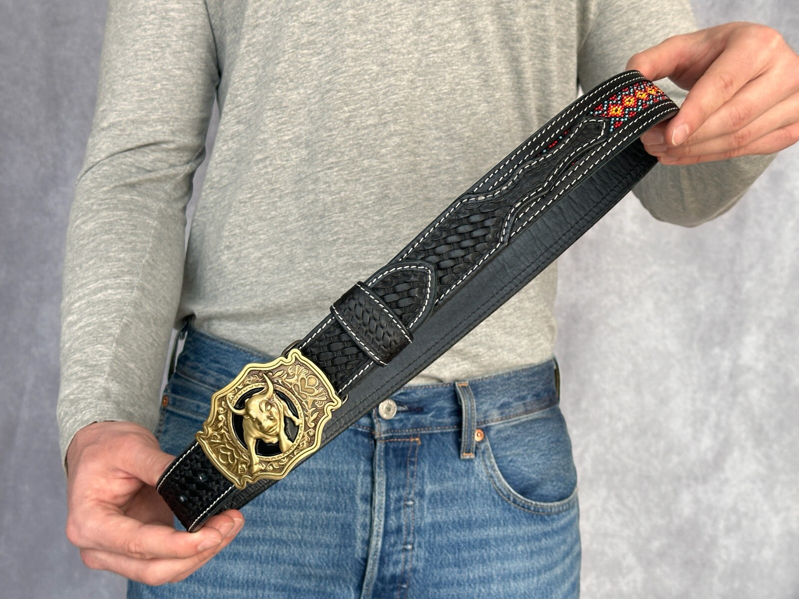 Western Belt Handmade Embossed Full Grain Leather Heavy Duty With Removal Buckle