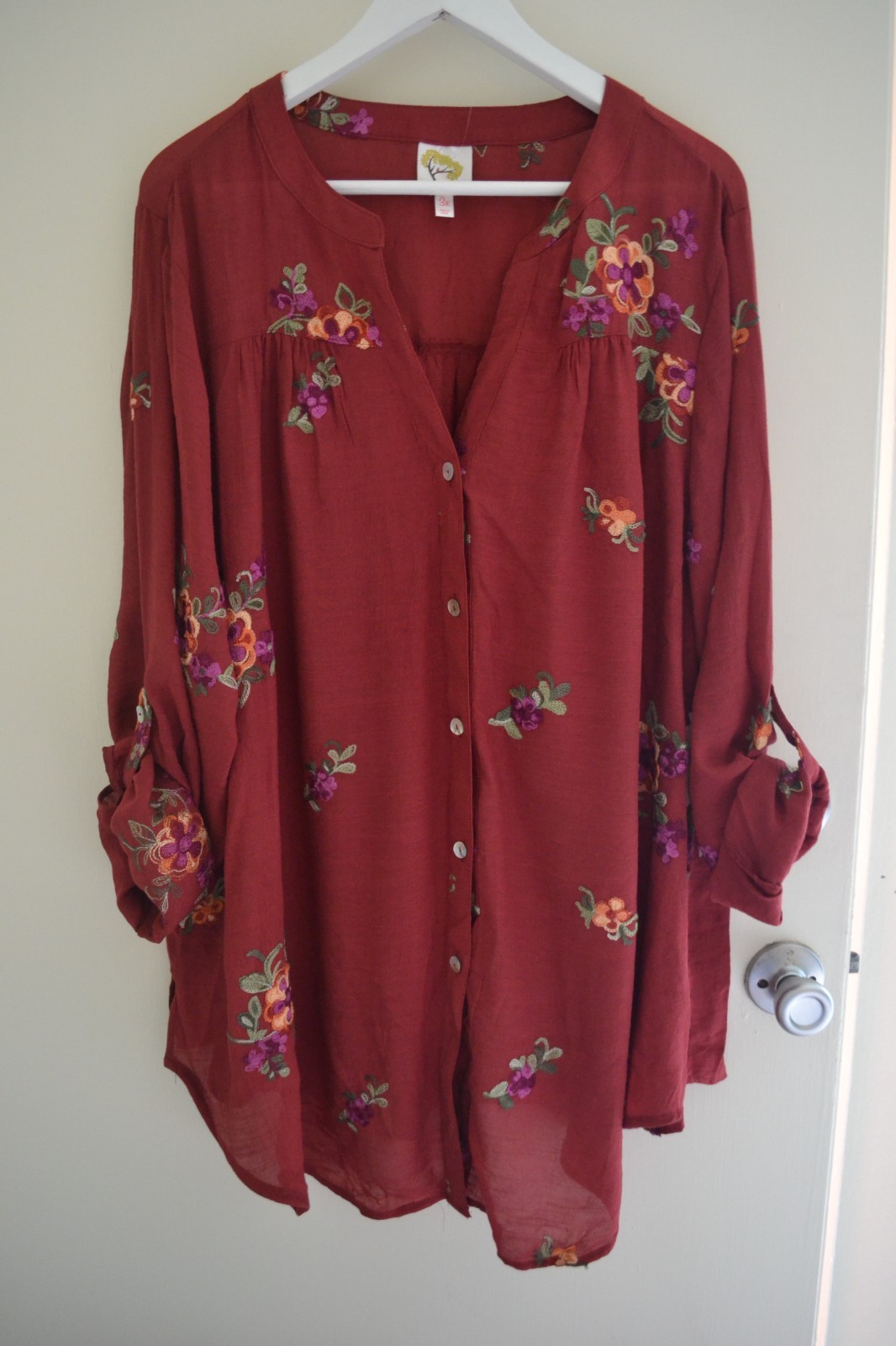 NWT Fig and Flower Blouse Top Shirt Silky Burgundy Rayon Blend Plus Size 2X