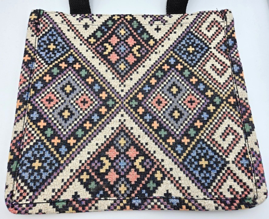 Southwestern Woven Geometric Print Tote Bag, Black Straps, 11.5″HX13″WX4.8″D