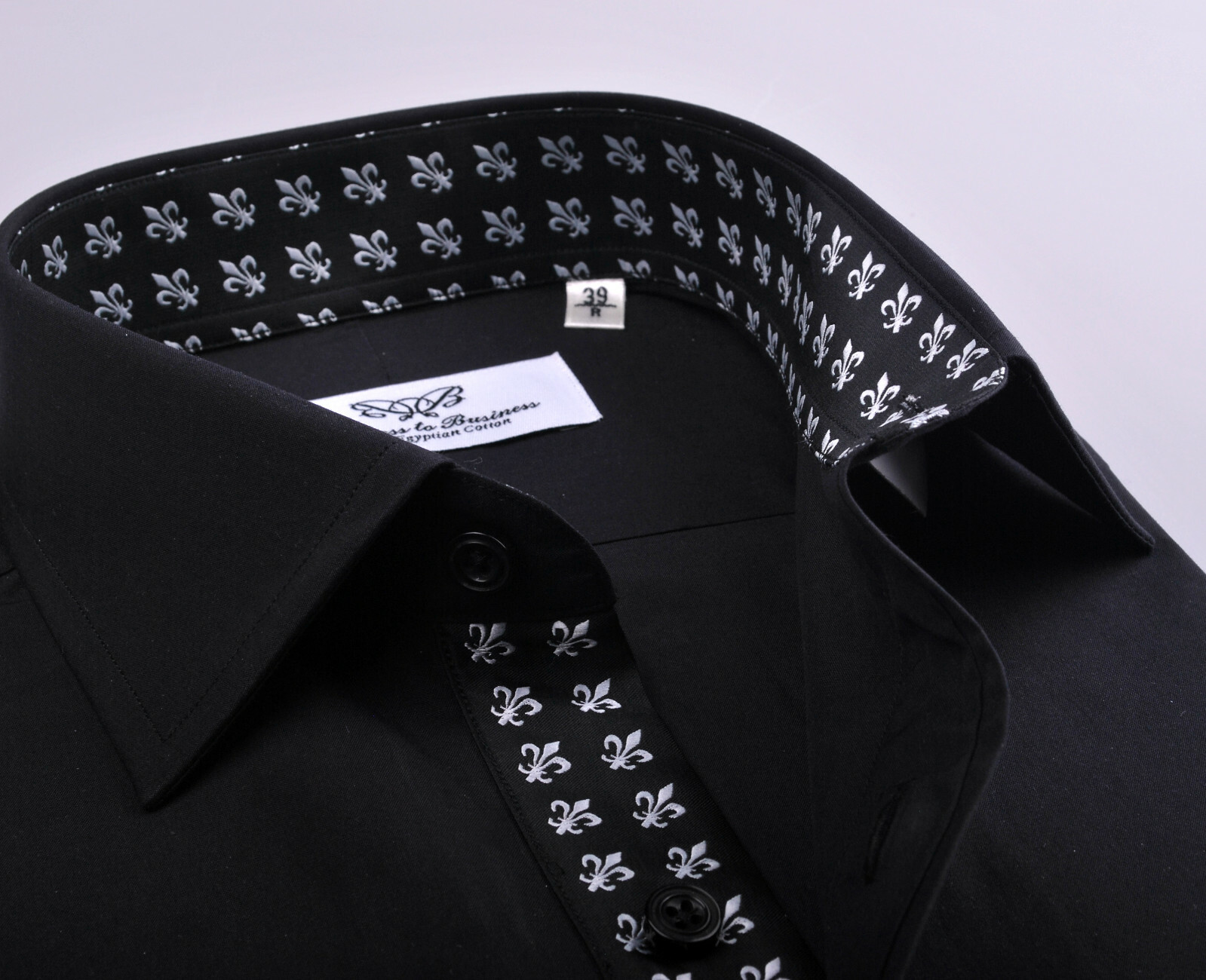 Sexy Pure Black Poplin Formal Dinner Event Dress Shirt Fluer-De-Lis Inner Lining