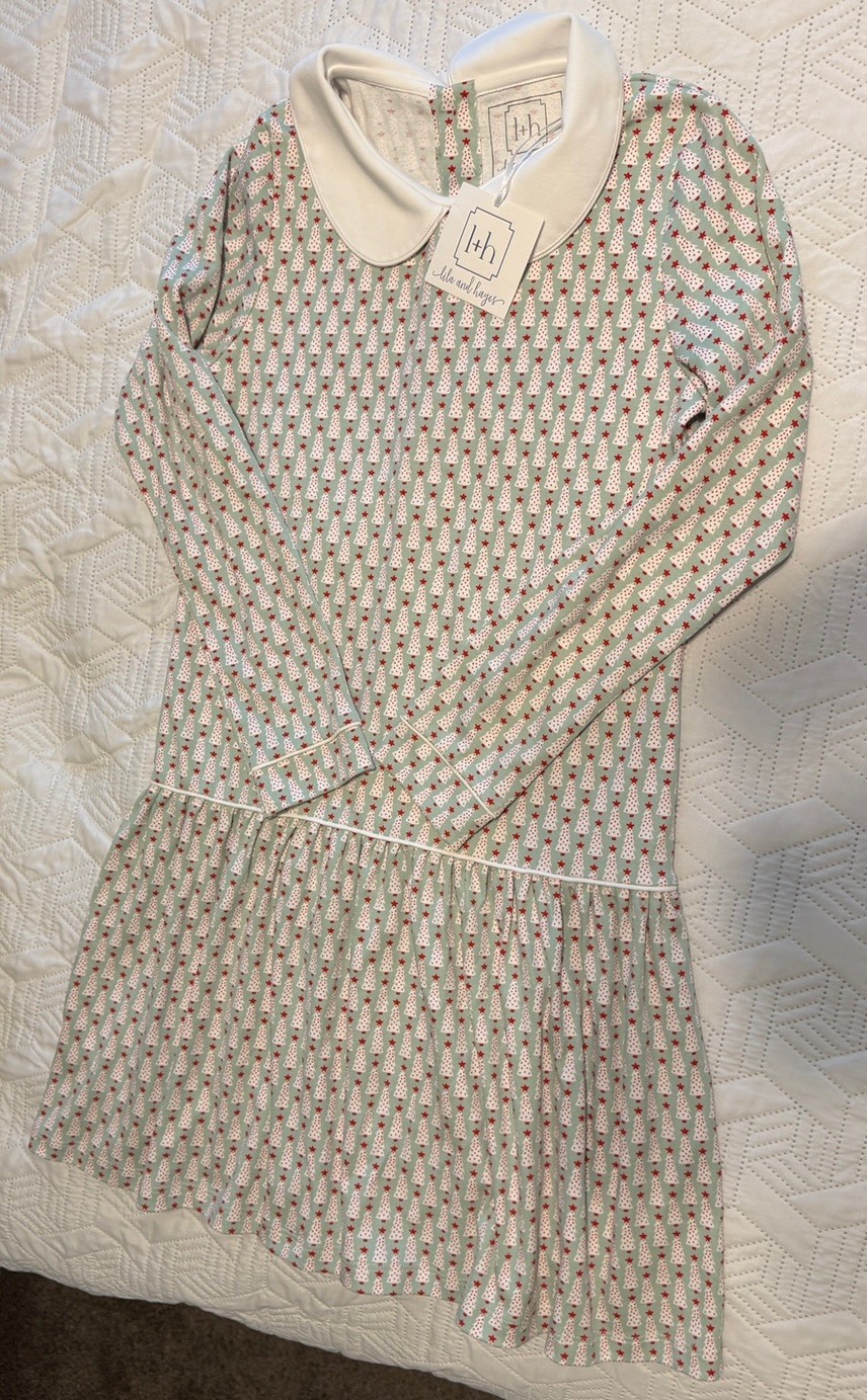Lila and Hayes Girls Size 10 Green Christmas Trees Long Sleeve Peter Pan Dress