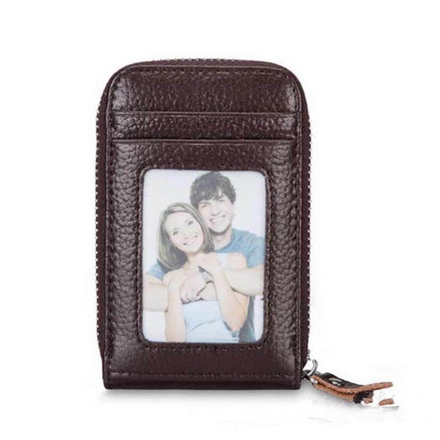 Leather Credit Card Holder RFID-Blocking Zipper Pocket Wallet with ID Window