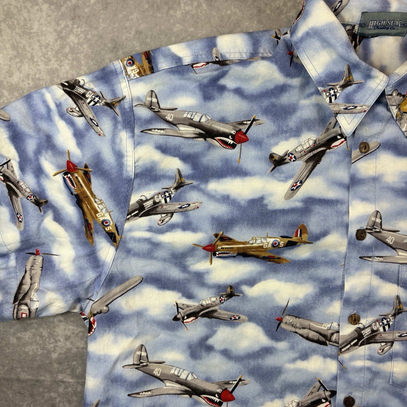 High Seas Trading Co Button Up Shirt Mens XL Blue Fighter Planes World War USA