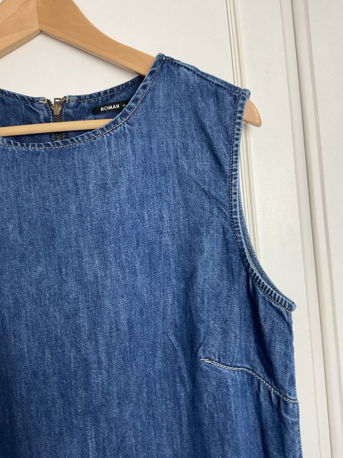 Roman Sleeveless Denim Dress UK 14 Blue Pockets Tunic A Line Knee Length Cotton