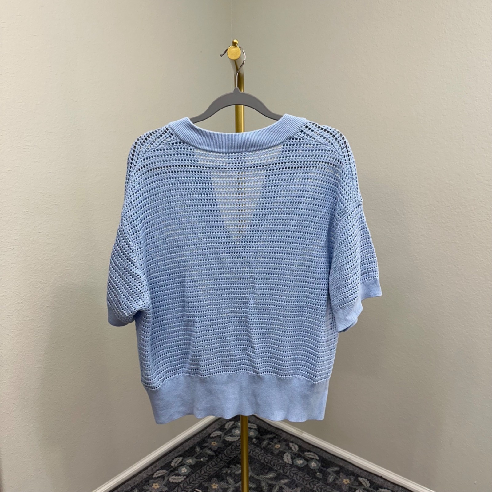Varley Blue Callie Open Knit Cotton Short Sleeve Sweater Shirt Womens Size XL