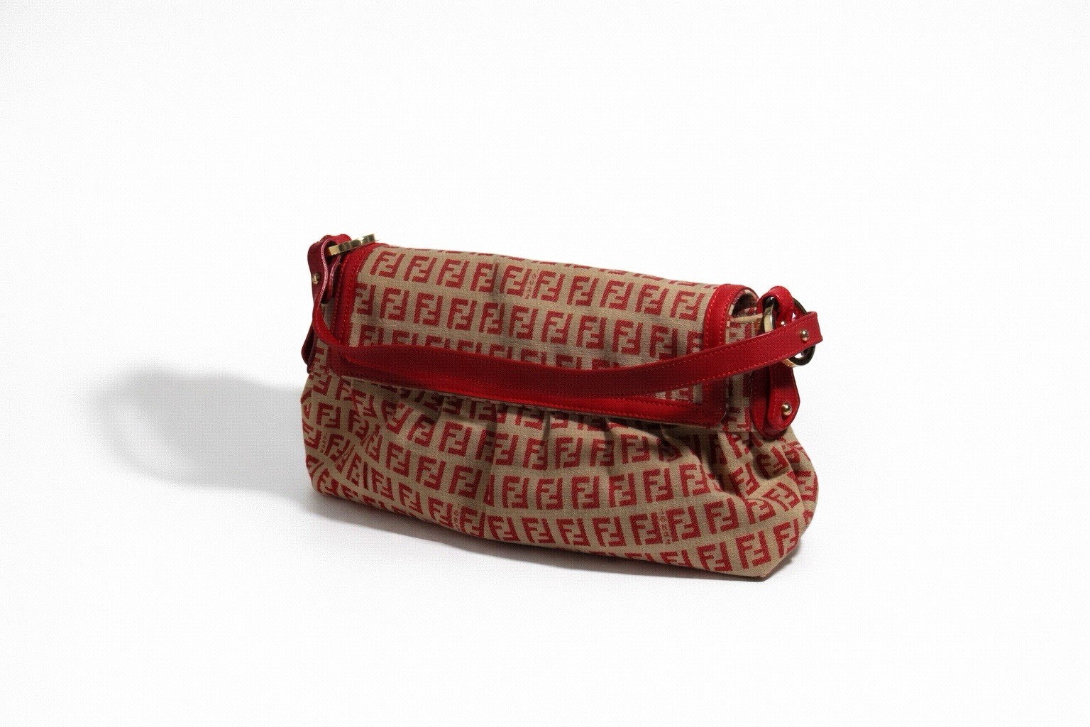 Fendi Beige/Red Monogram Flap Shoulder Bag Magnetic Closure Gold Hardware