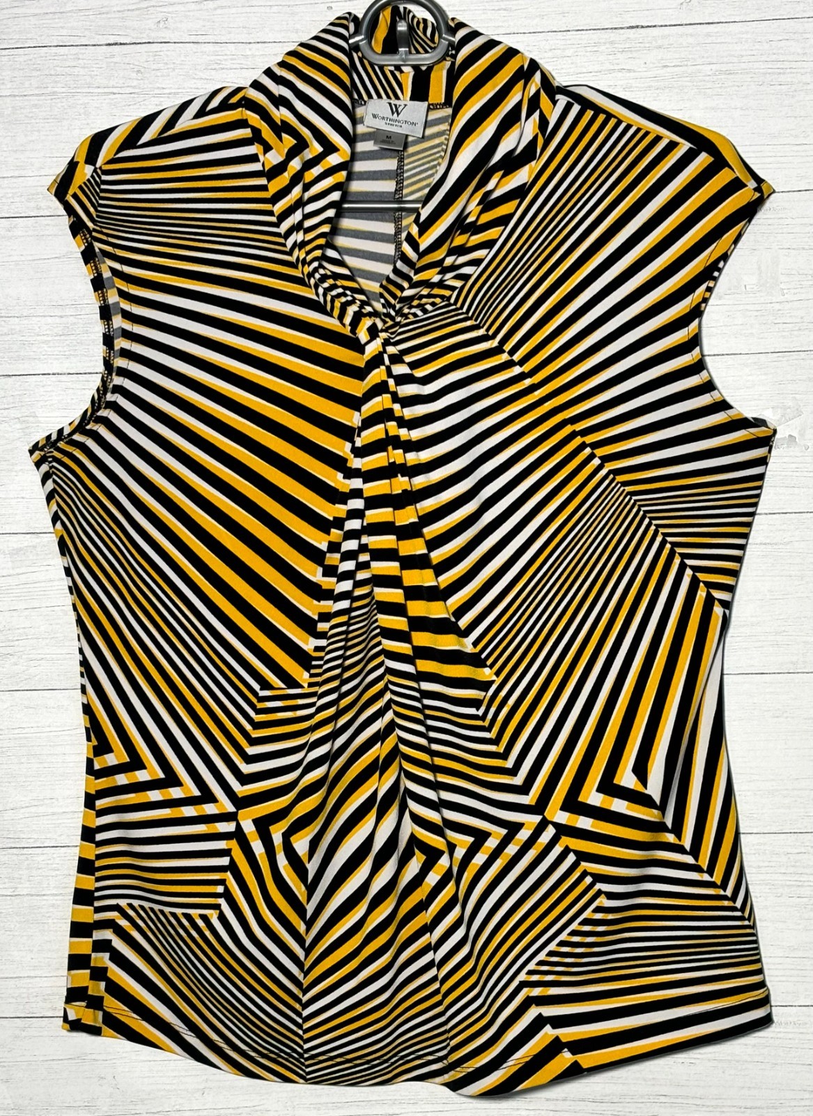 Worthington Stretch Shirt Sz M 8-10 Yellow Black Geometric Sleeveless Top Blouse