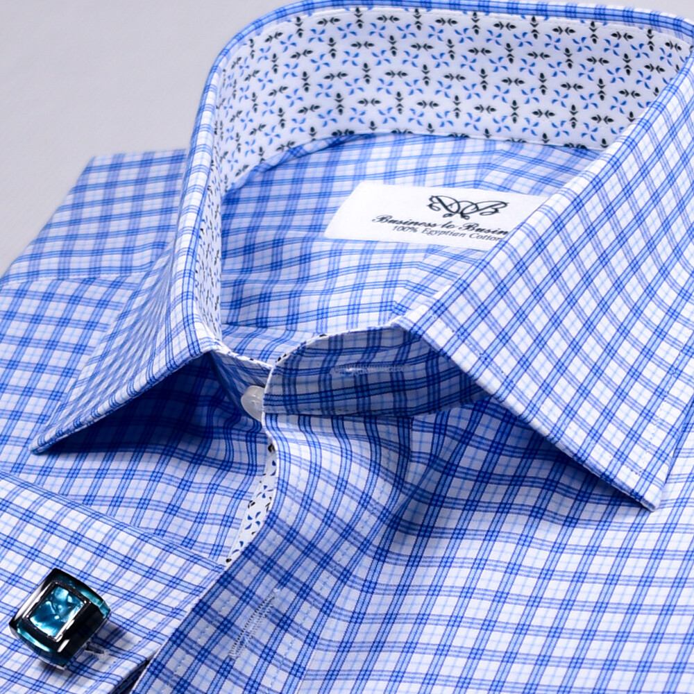 Light Blue Checkered Formal Business Shirt With Floral Inner Lining Top Quality