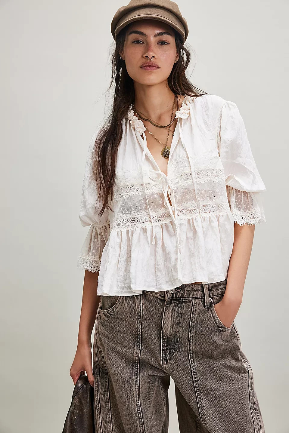 NEW FREE PEOPLE Forever Young Bed Jacket White INTIMATELY TOP LACE IVORY SIZE XS