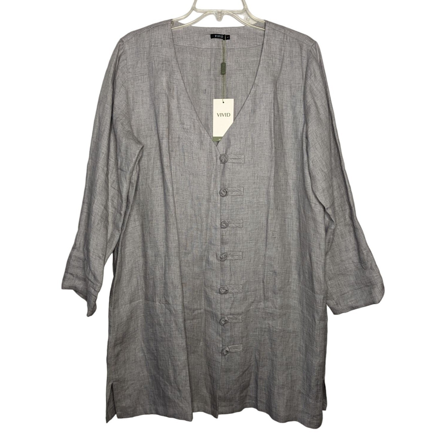 VIVID Natural long sleeve minimalist design button front gray Linen mini dress L