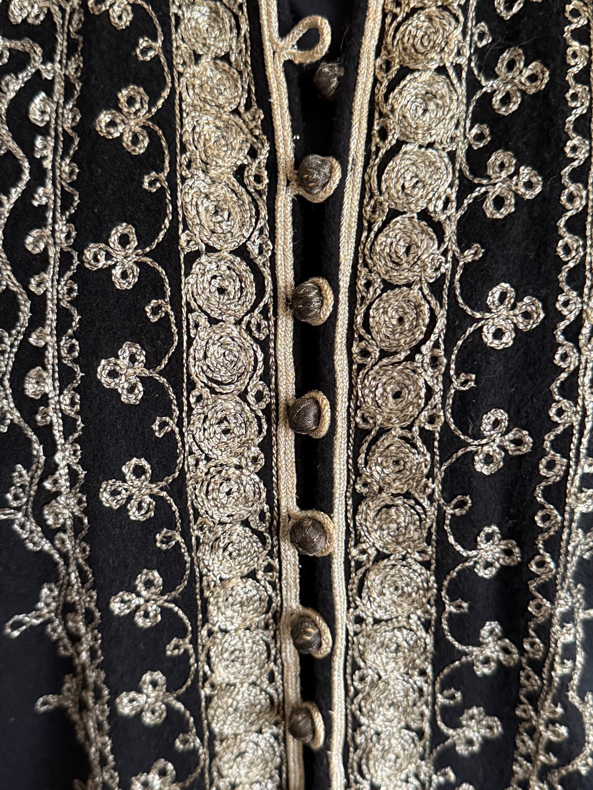 Vintage Handmade Black Wool Caftan Hand Embroidered Artisan Ceremonial Robe Maxi