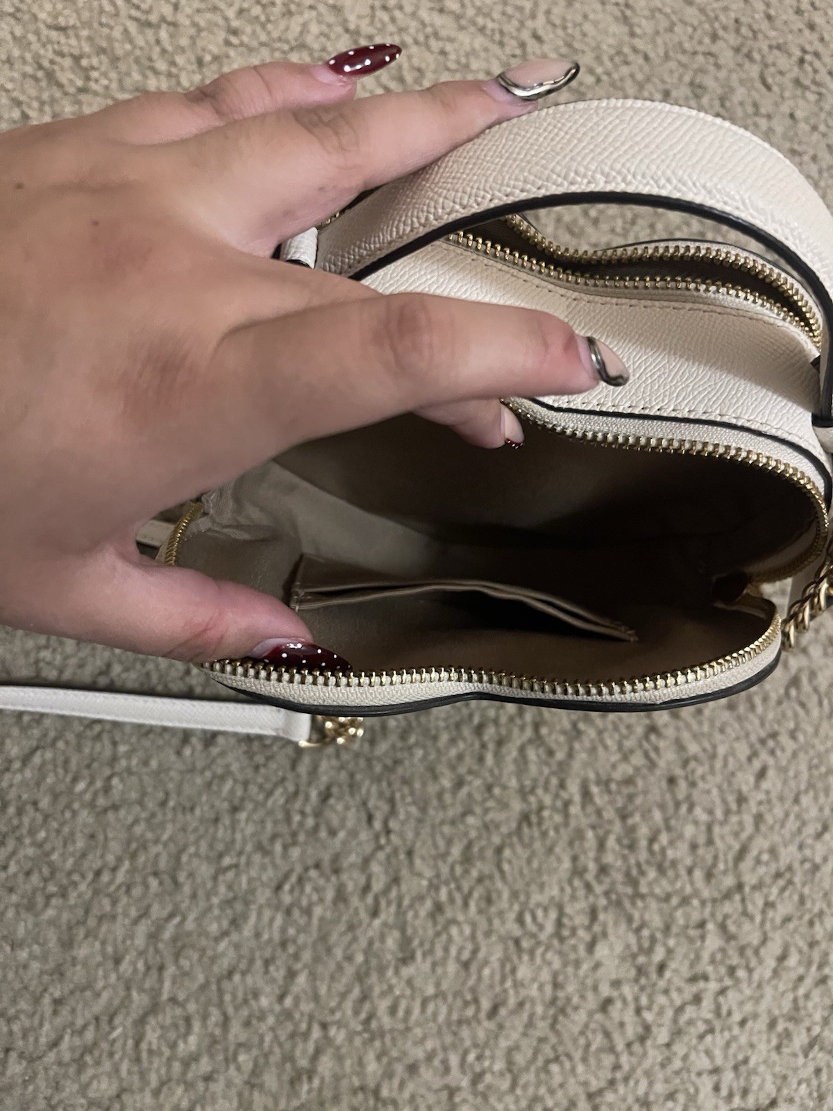 Coach Heart-Shaped Crossbody Bag Signature Monogram Beige Gold Hardware Strap