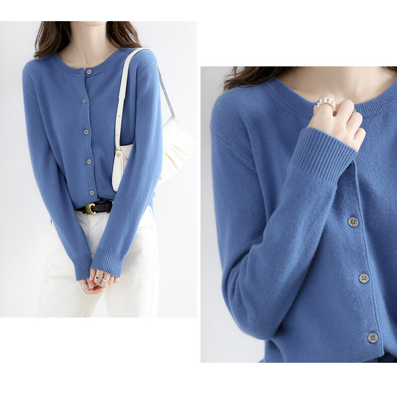 Women’s Cashmere Blend Cardigan Solid Color Sweater Simple Crew Neck Jacket Coat