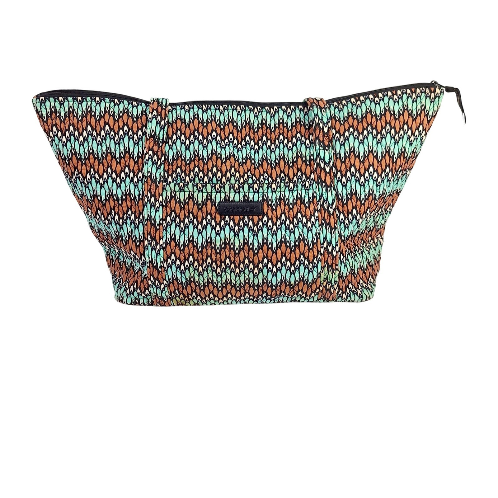 Vera Bradley Go Wild Quilted Cotton Tote Bag Teal Brown Geometric Shoulder Bag
