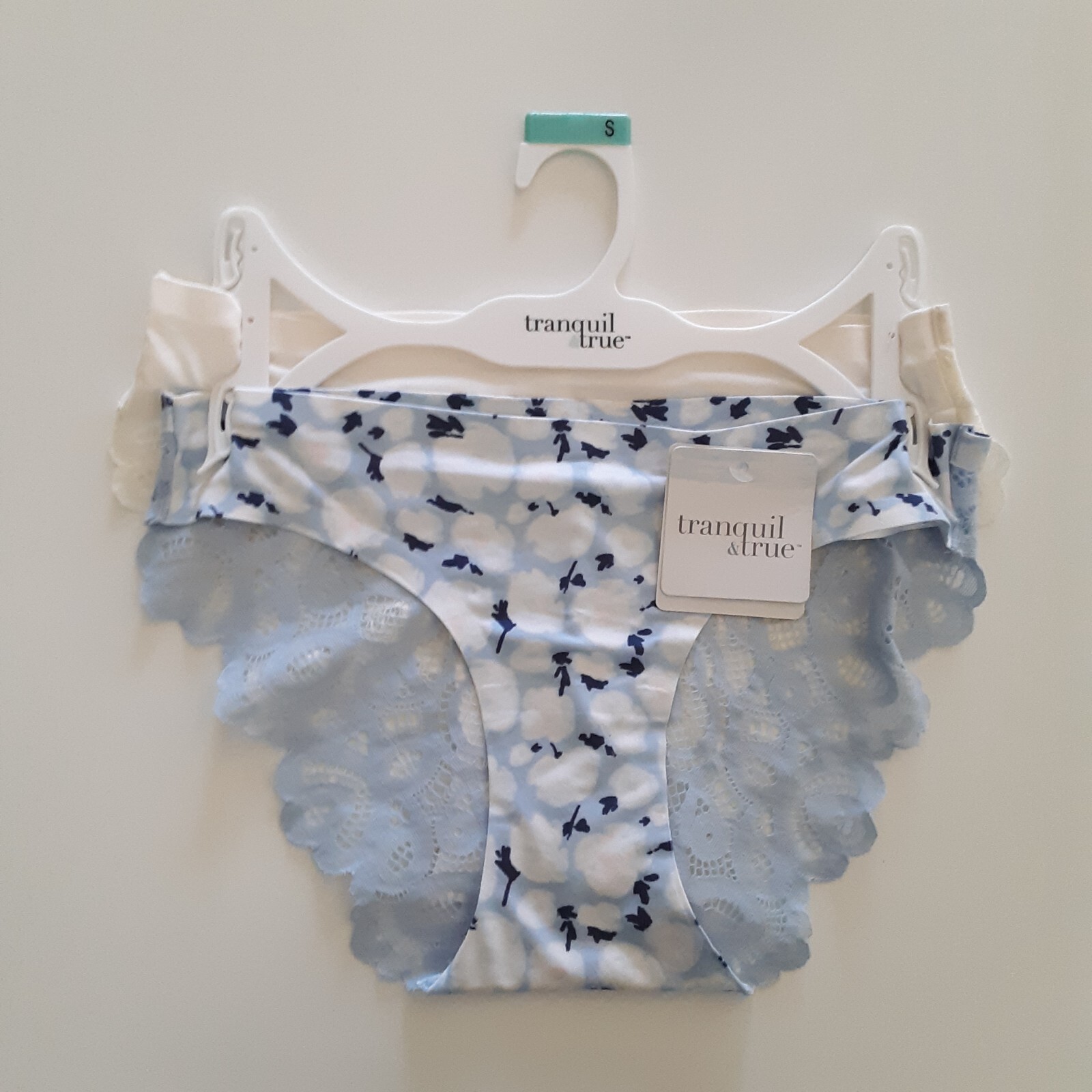 Tranquil & True Womens Size S Bikini Underwear Lace Back Blue Ivory 2 Pack