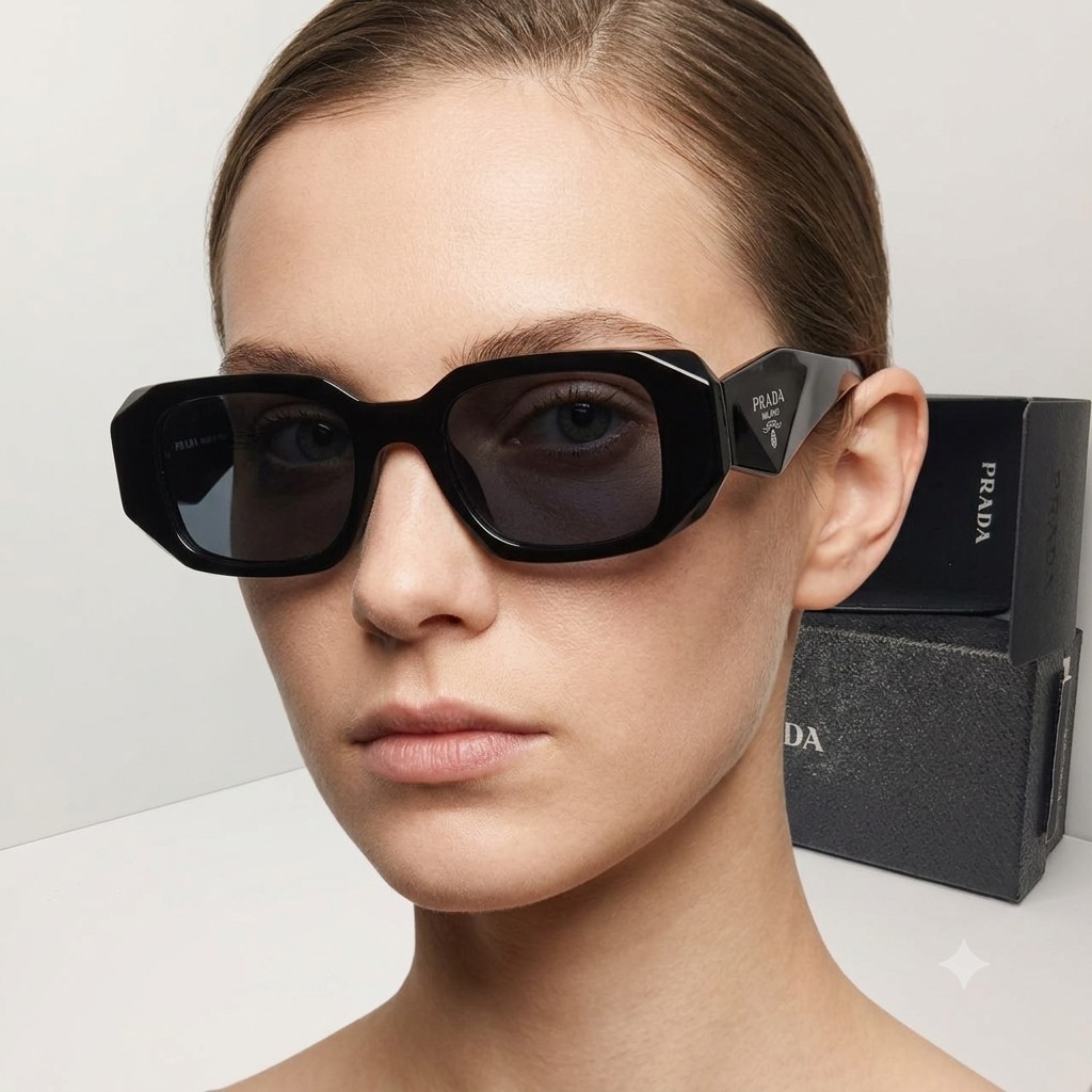 PRADA Milano Women’s Rectangular Chic Sunglasses Black Frame Gray Tinted UV400